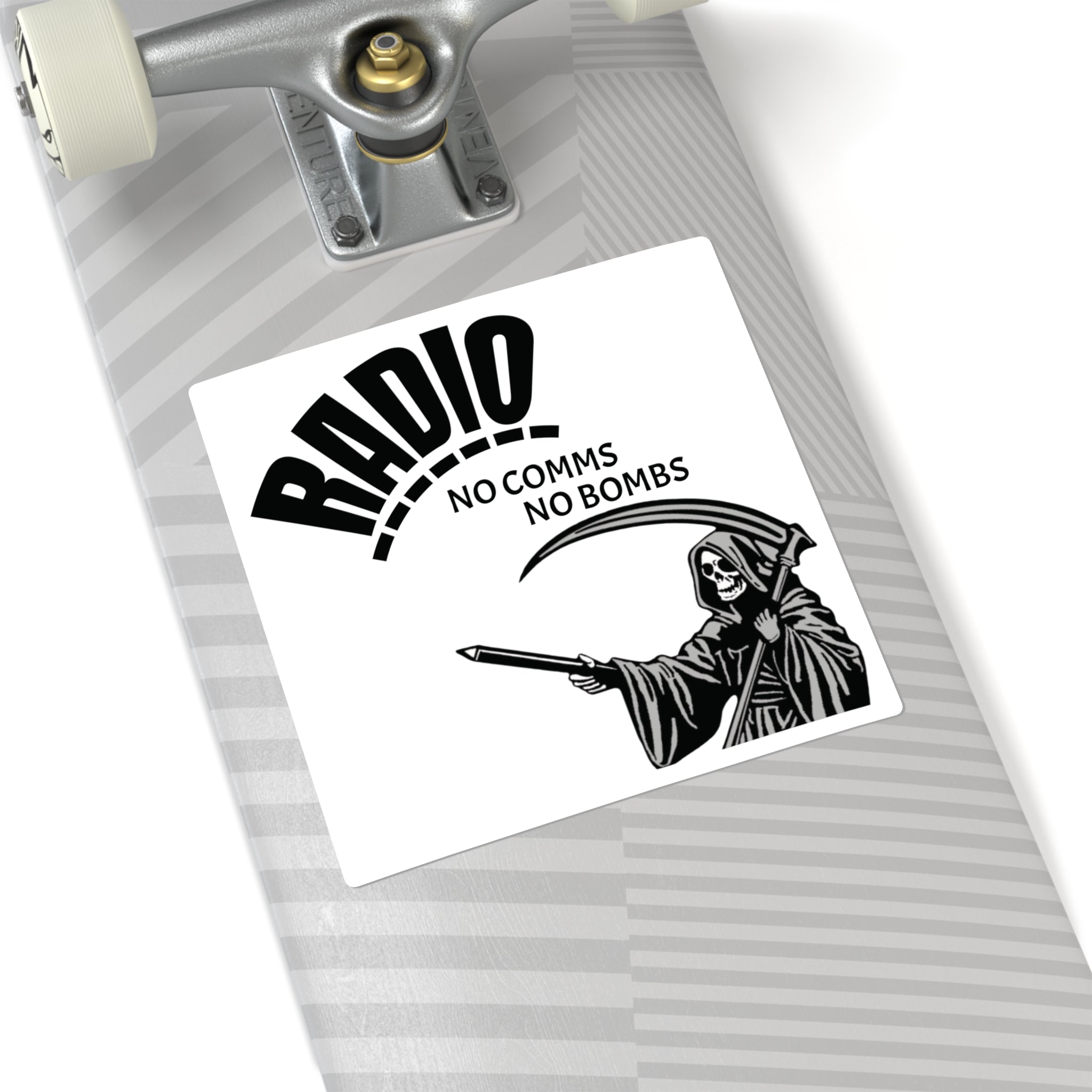 Radio — “No Comms No Bombs” Square Sticker
