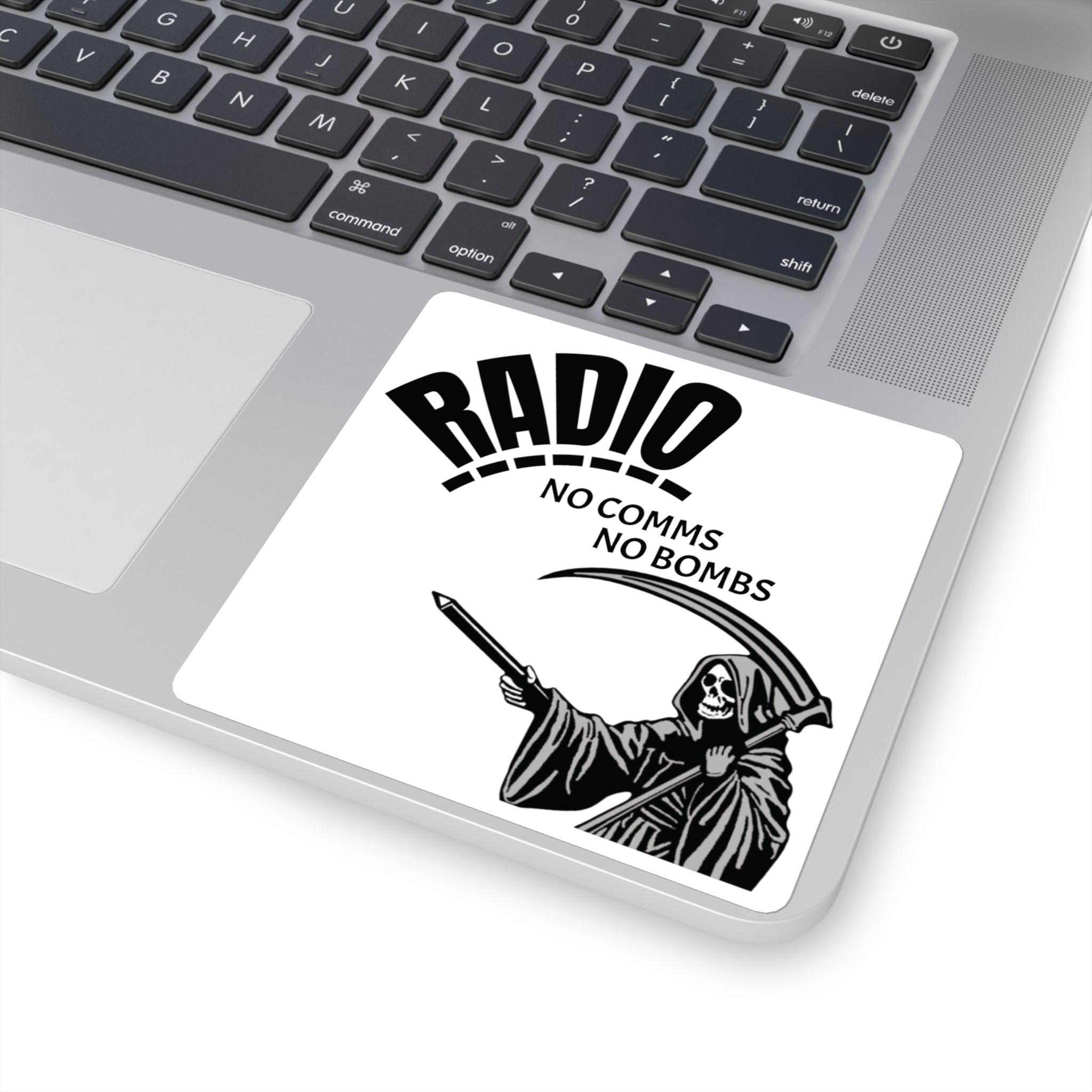 Radio — “No Comms No Bombs” Square Sticker